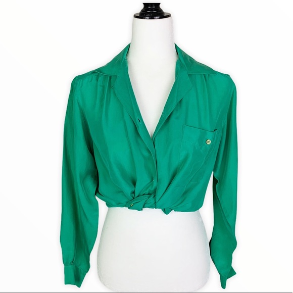 Vintage Tops - Vintage 100% Silk Green Long Sleeve Blouse Size 8
